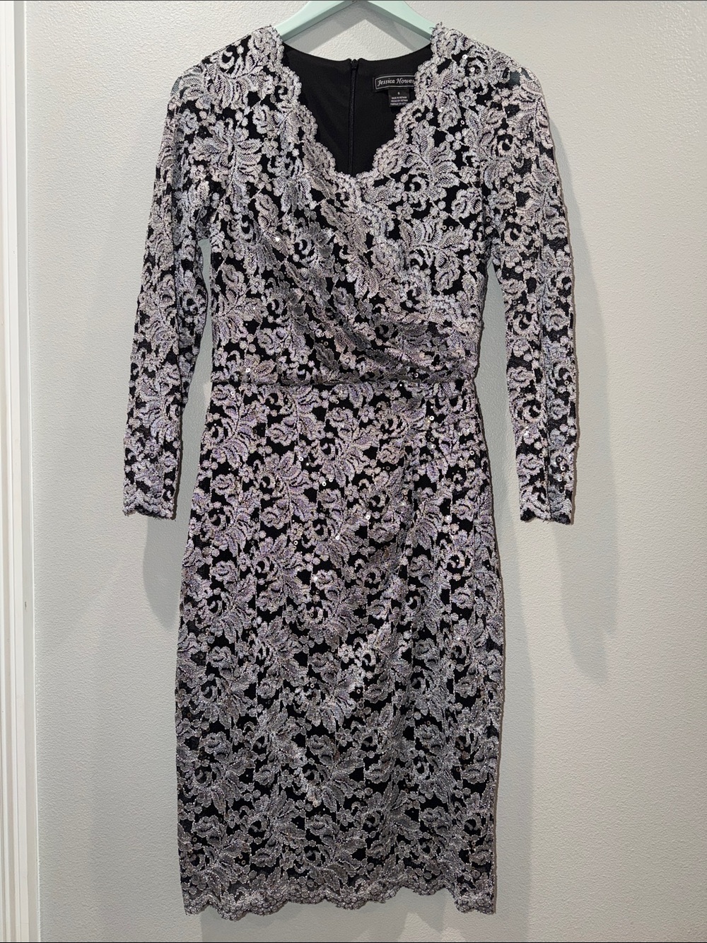 Jessica Howard Black & Silver Lace Midi Dress Size 6